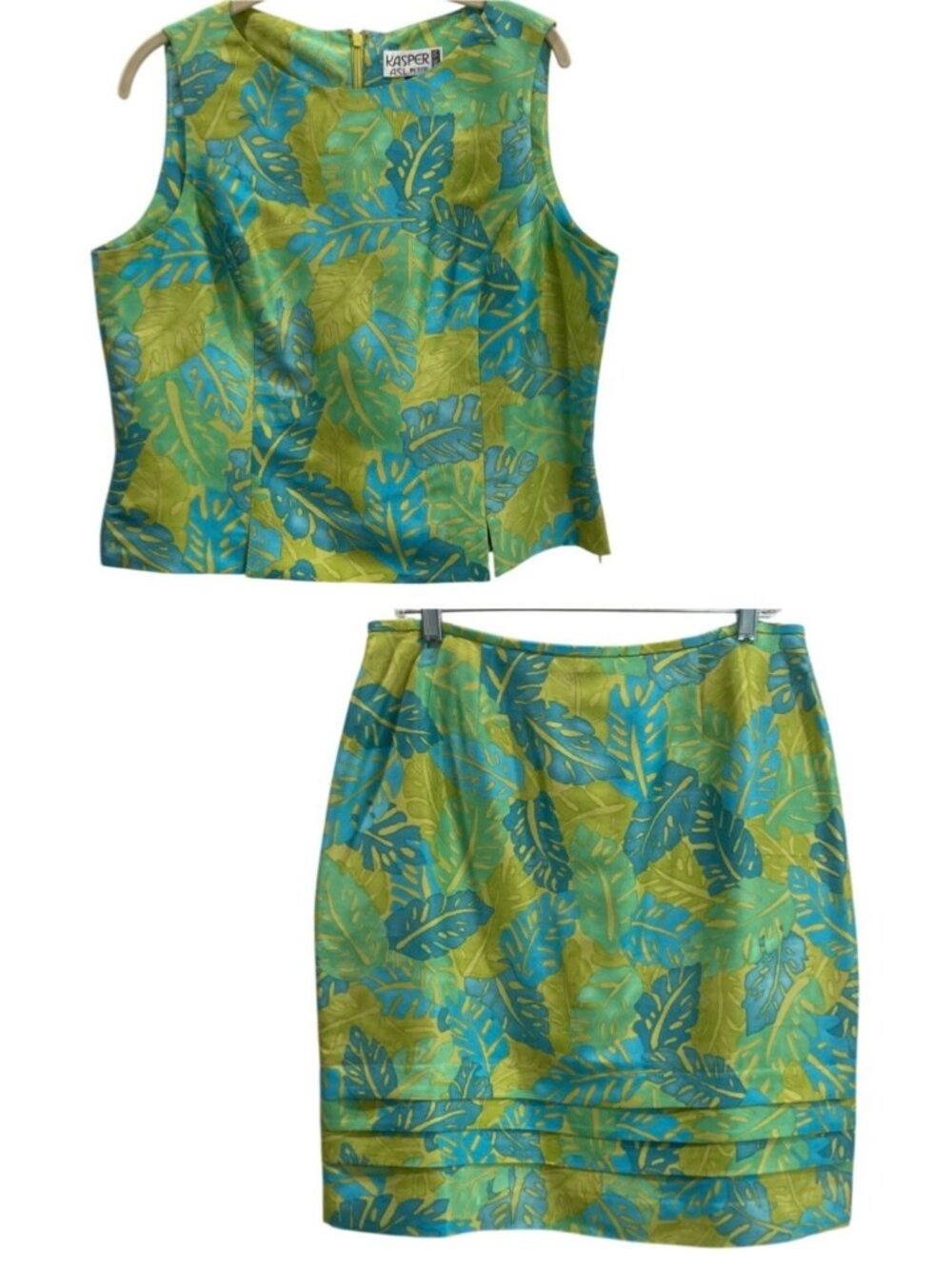 Kasper ASL Tropical Leaf 2pc Skirt Top Set 14P Green Blue Silk Maximalist Floral